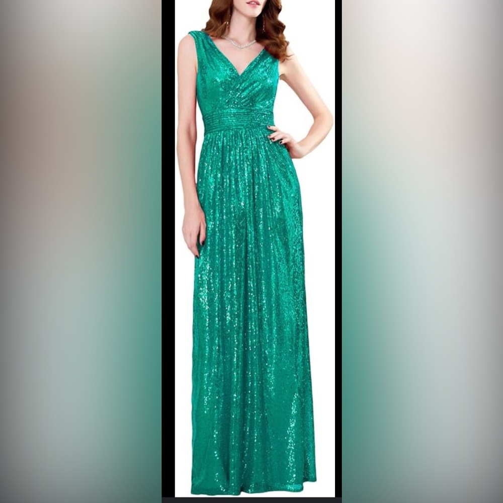 Kate Kasin V-Neck Sleeveless Sequin Maxi Gown